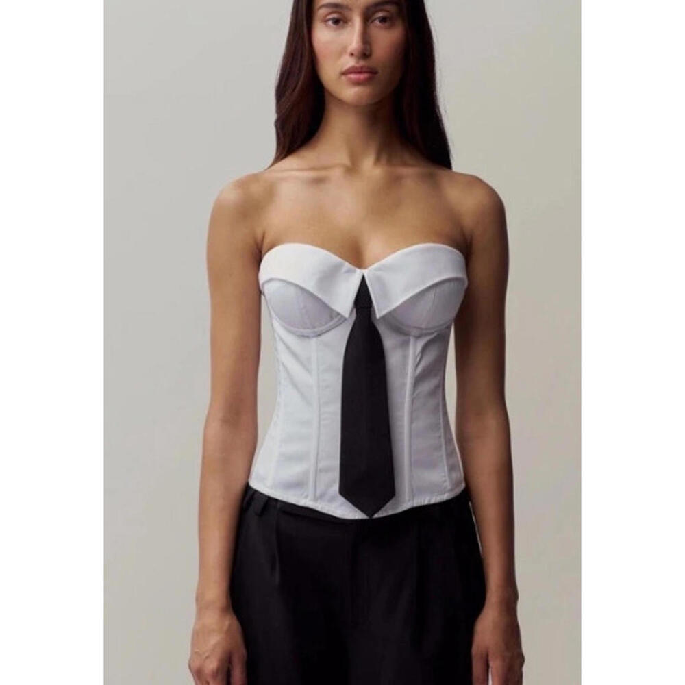 Danielle Guizio White Bustier Corset with Black Tie Detail